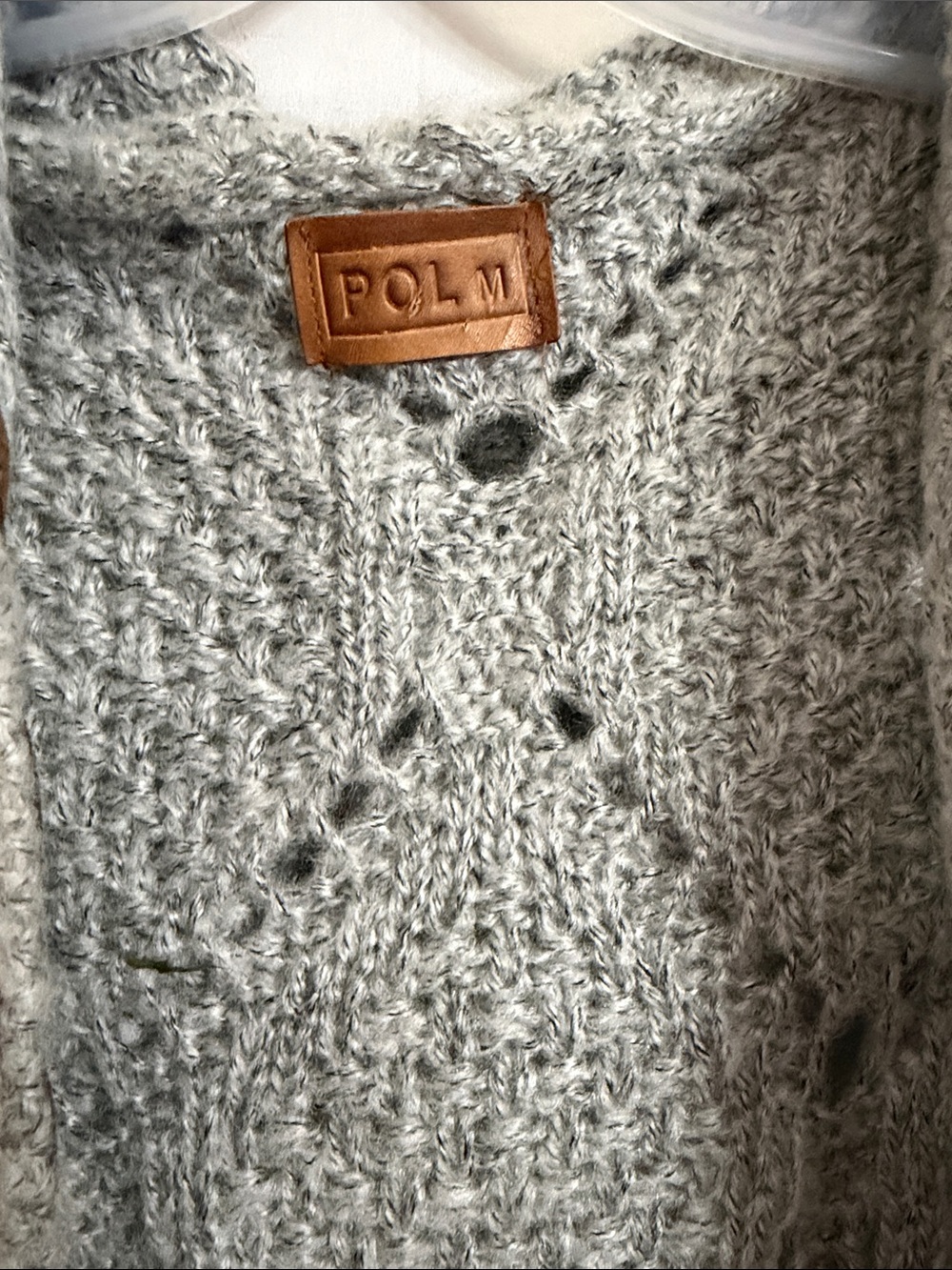 POL Light Gray Open Cable-Knit Cardigan with Brown Elbow Patches - Picture 2 of 16